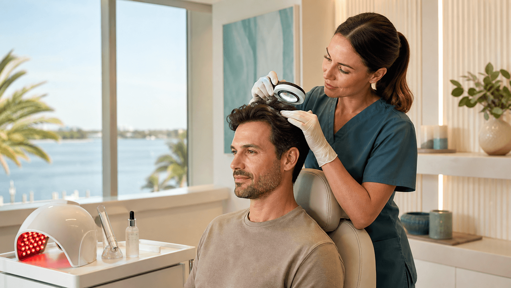 Provider examining an adult man's scalp during a KeraFactor hair restoration consultation in Sarasota