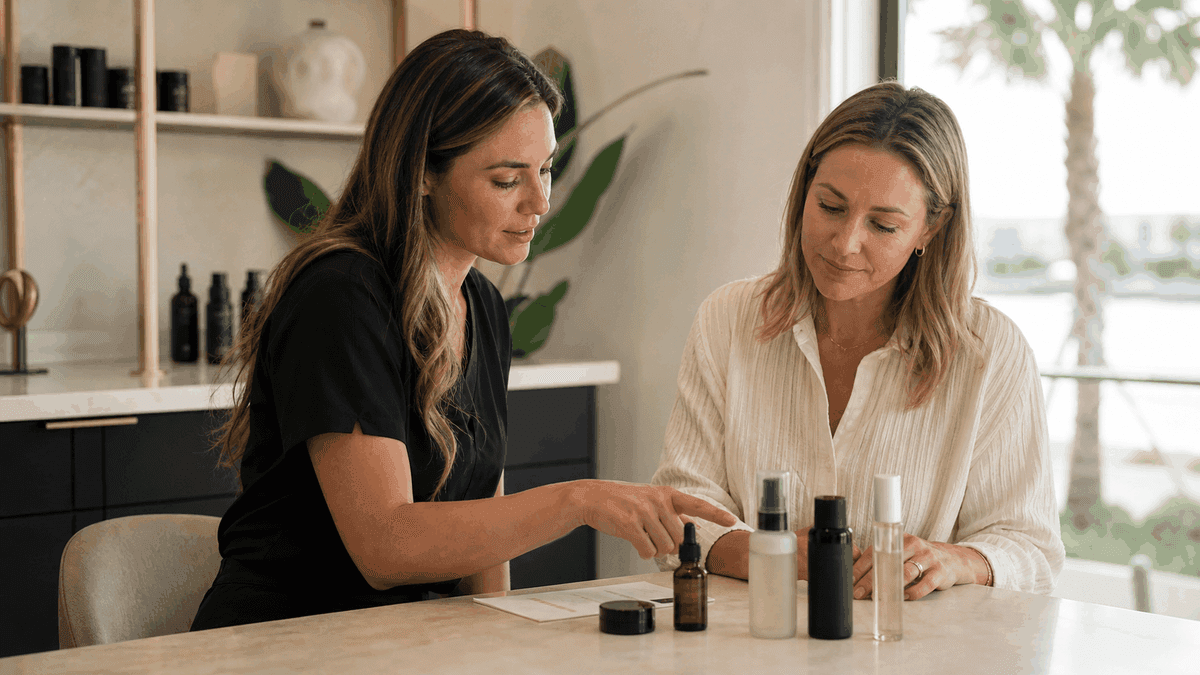 Esthetician and adult patient reviewing a short unbranded skincare routine at a Sarasota medical spa