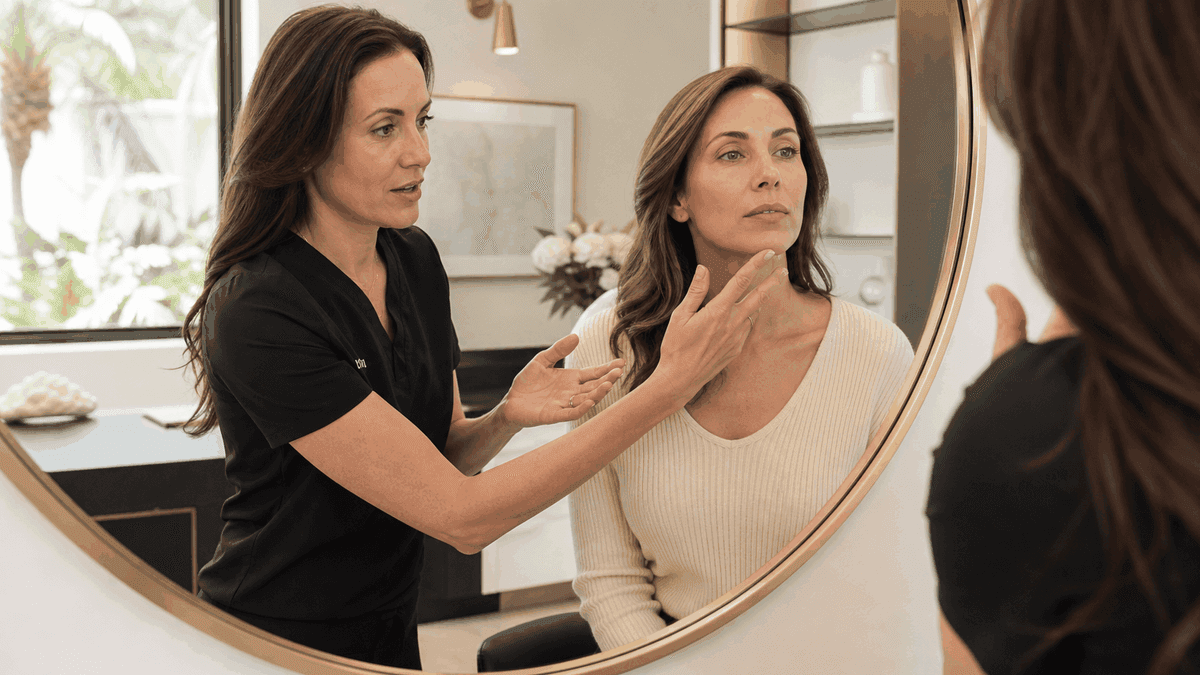 Aesthetic provider and adult patient discussing facial proportions together at a mirror in a Sarasota medical spa