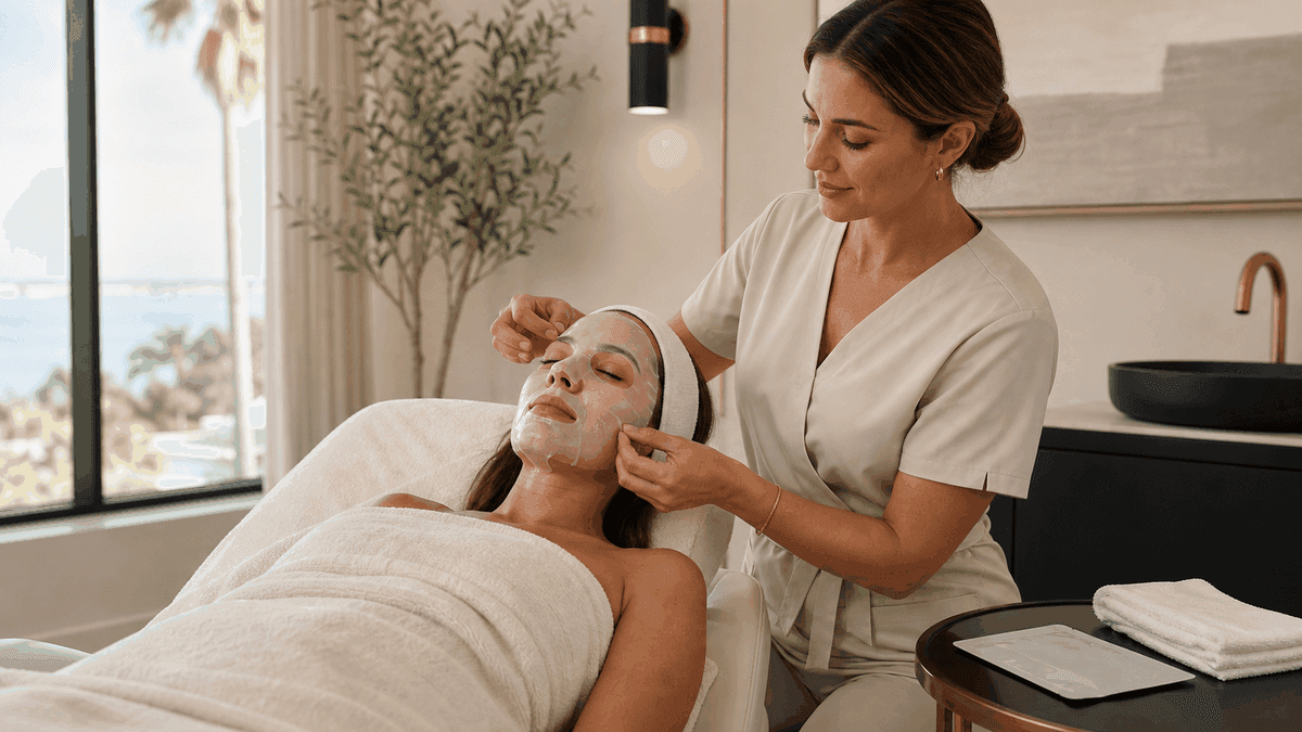 Aesthetic professional checking a cooling sheet mask on an adult patient in a calm Sarasota recovery room