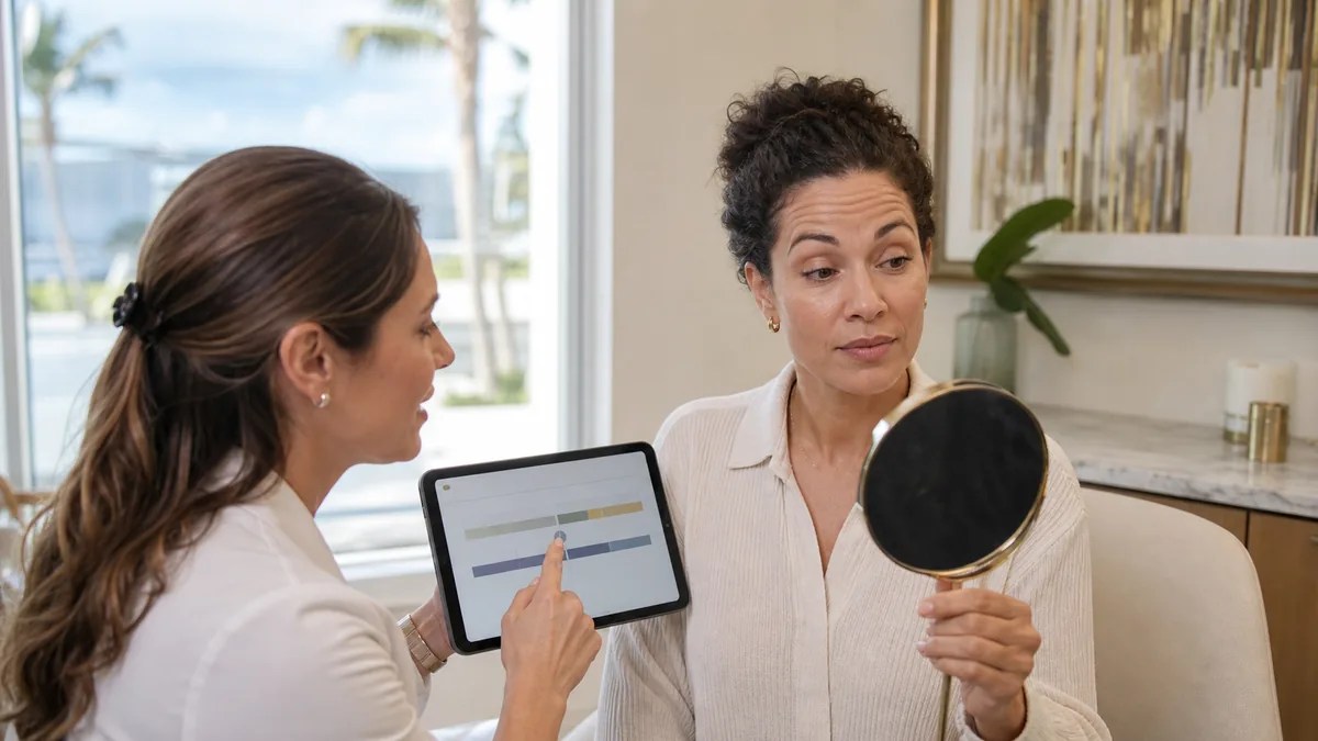 Aesthetic injector and adult patient comparing wrinkle-relaxer appointment intervals during an upper-face consultation