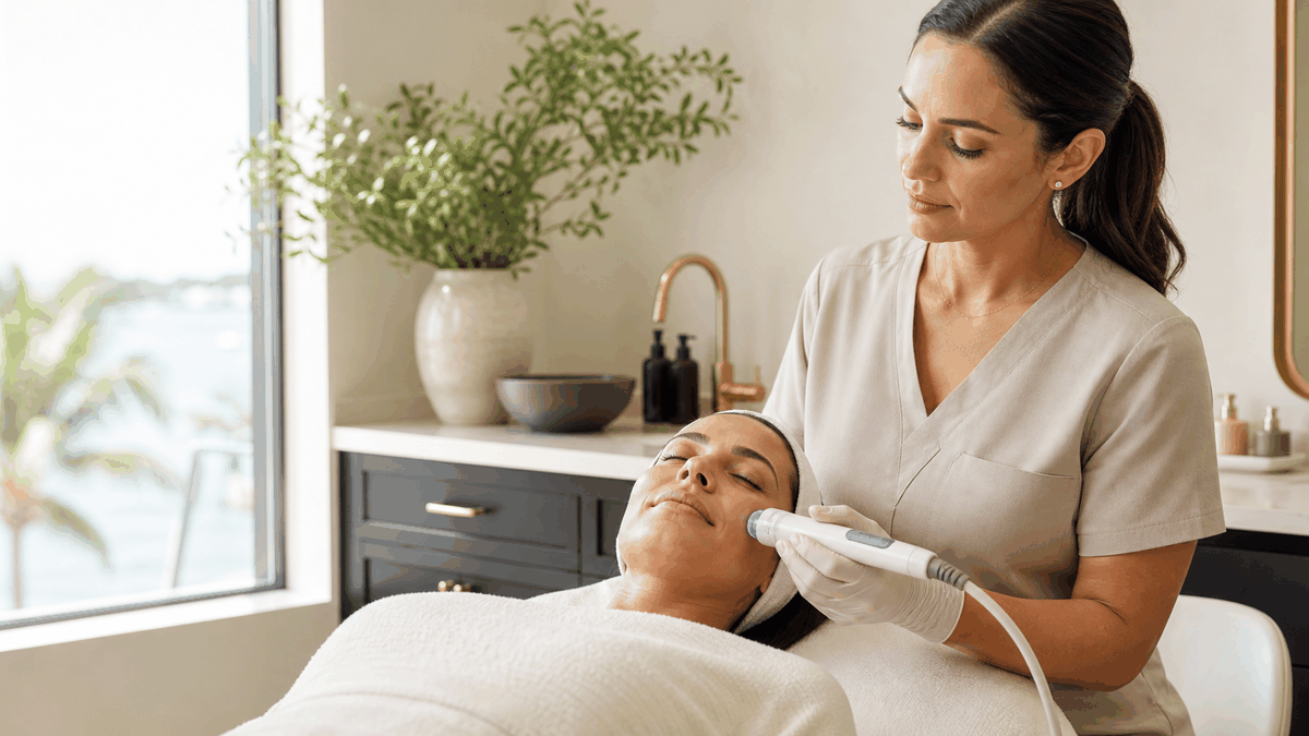 Licensed esthetician performing a comfortable device-assisted facial treatment in a Sarasota medical spa