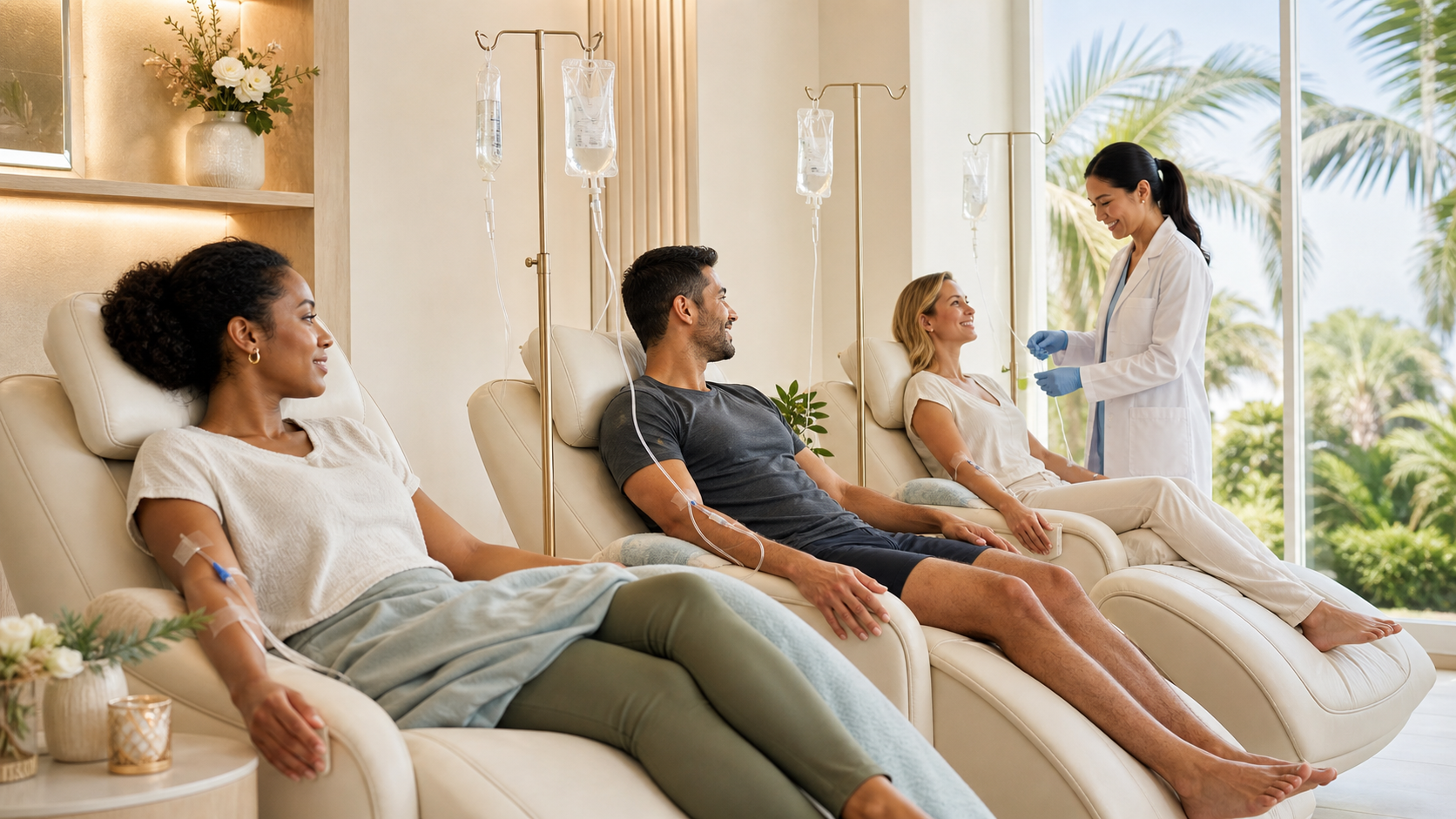 Adults relaxing during professionally supervised IV therapy sessions at a Sarasota med spa