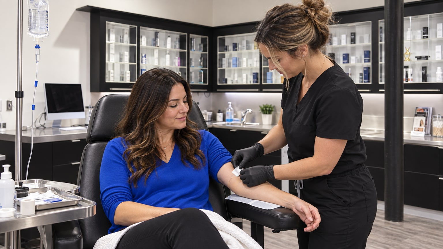 Clinician placing a bandage on an adult patient's arm after IV therapy in Harmony-style clinical surroundings