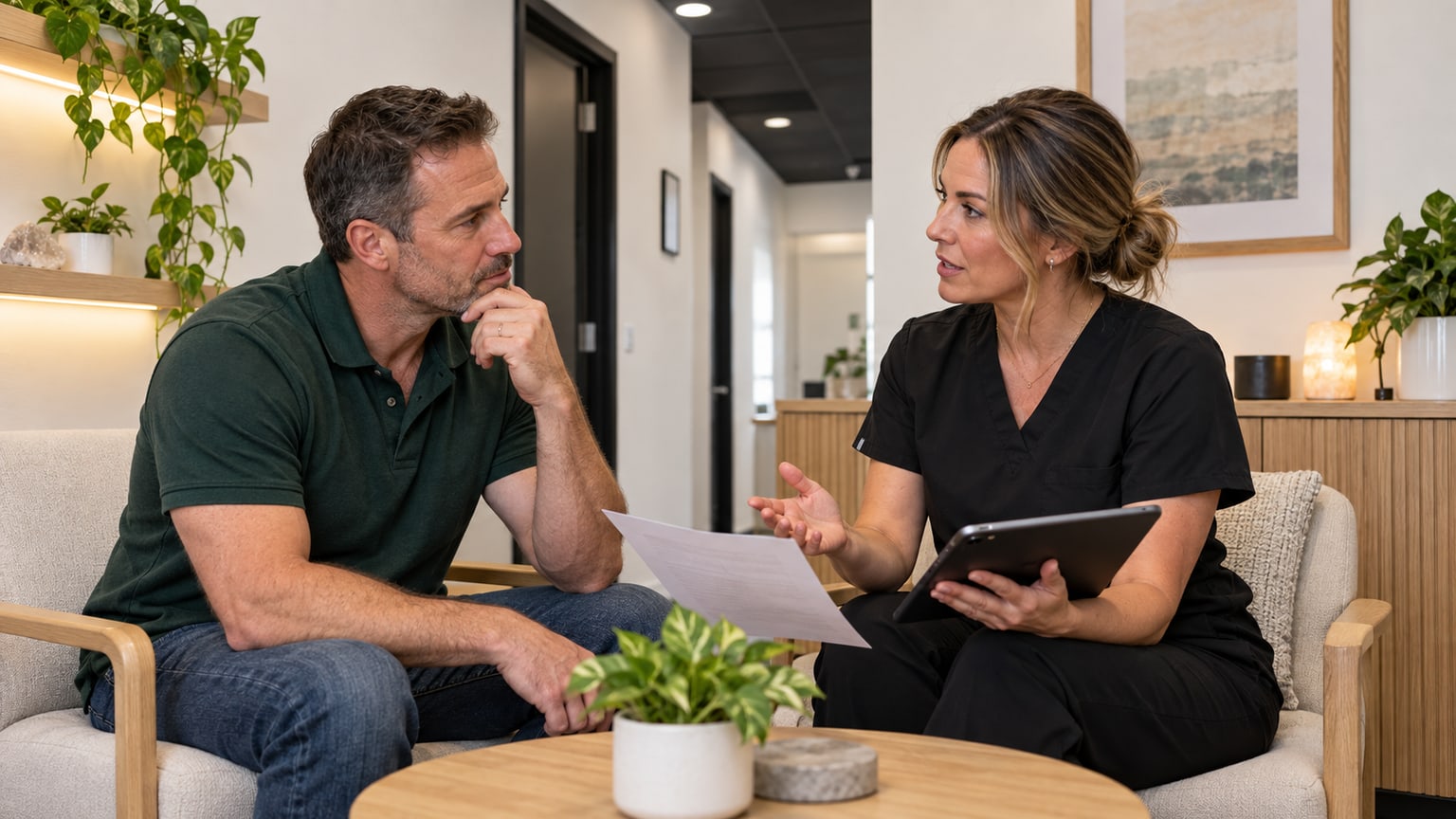 Male patient discussing laboratory results with a clinician in a warm, modern Sarasota wellness consultation area