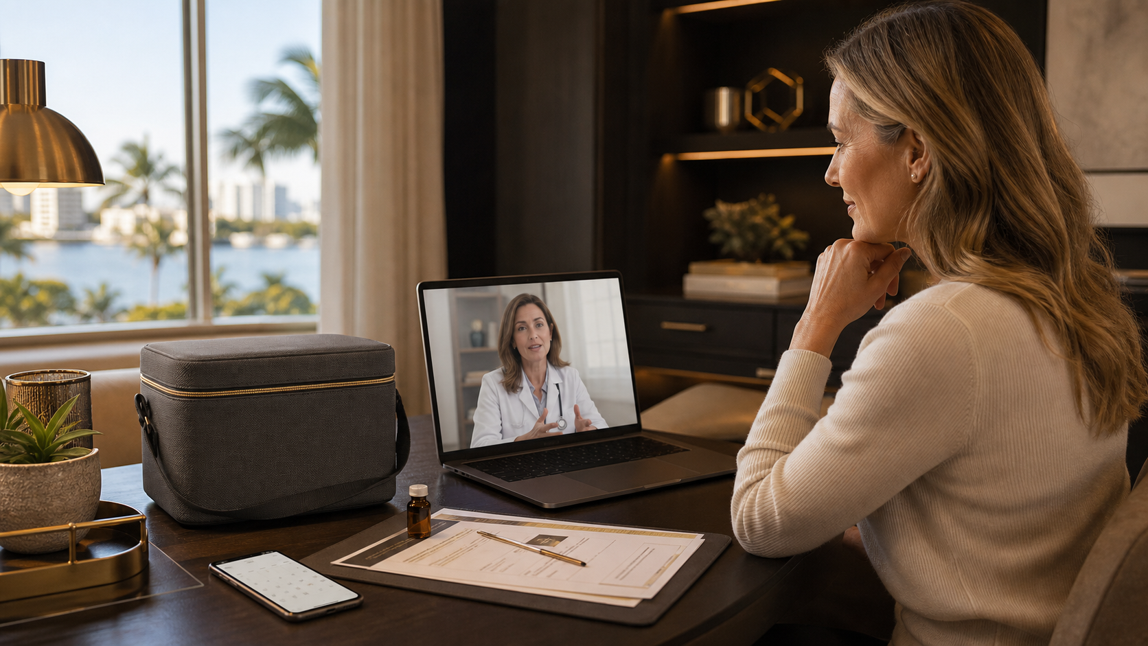 Adult patient completing a virtual peptide therapy consultation with a clinician from home